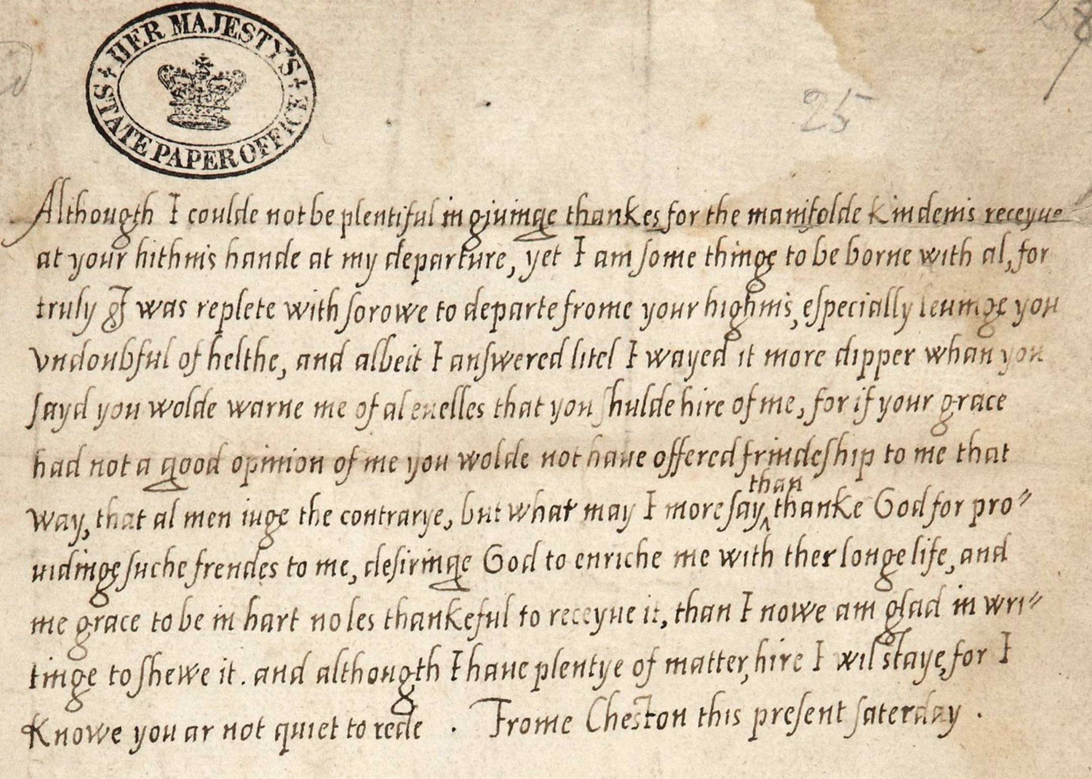 Princess Elizabeth, daughter of King Henry VIII, writing at the age of fifteen in 1548: her letter from Cheshunt to the Dowager Queen Katherine (Katherine Parr). The National Archives, Kew.