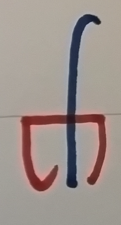 The ch ligature, written by hand: the vertical of the h like a little walking stick (blue), then the leg of the h up to the line, left along it, and down into the c with its tick (red)
