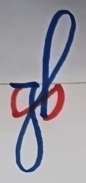 The gb ligature, written by hand: the g and its loop in one stroke (blue), the bellies of the g and the b in the second (red)