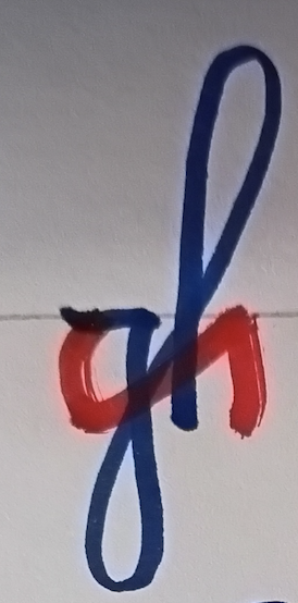 The gh ligature, written by hand: the g, its loop and the upstroke of the h in one stroke (blue), the belly of the g and the leg of the h in the second (red)