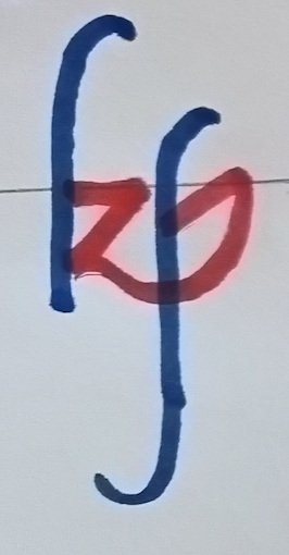 The kp ligature, written by hand: the vertical of the k and the vertical of the p with its walking-stick tail (blue), then the k shape crossing the p and becoming its belly (red)