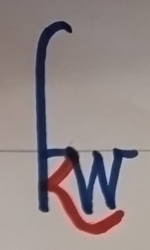 The kw ligature, written by hand: the vertical of the k, then the short horizontal running into the w (blue), then the rest of the k with its tail under the w (red)