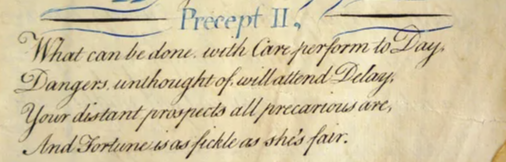 Preceito II, do caderno de caligrafia de Samuel Holbrook, 1776 (Cotsen Children's Library, Princeton University)